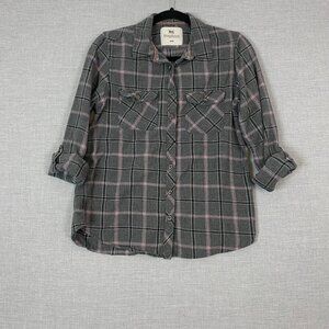 WindRiver Flannel Shirt Roll Tab Sleeves Cotton Sz Med Grey Pink Plaid